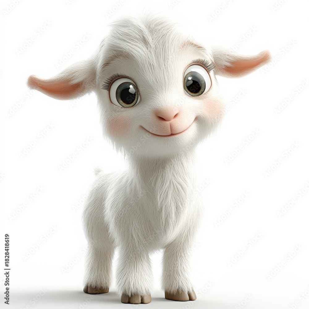 Obraz premium Adorable cartoon goat kid with big eyes and a sweet smile, perfect for children's books, educational materials, and heartwarming marketing campaigns
