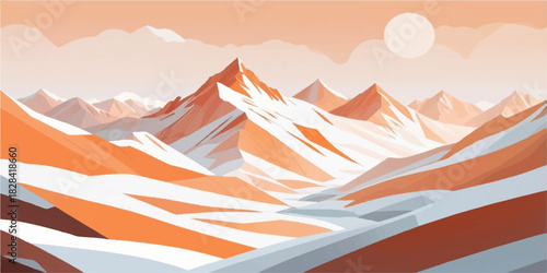 Dramatic red mountain landscape vector illustration with sharp snow-capped peaks under a striking crimson sky.