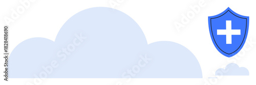 Blue cloud with shield and white cross highlighting online data protection, cybersecurity, and safety. Ideal for technology, security, cloud storage, IT solutions, privacy, digital safety simple