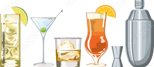 色々なカクテルとシェイカーのイメージイラスト