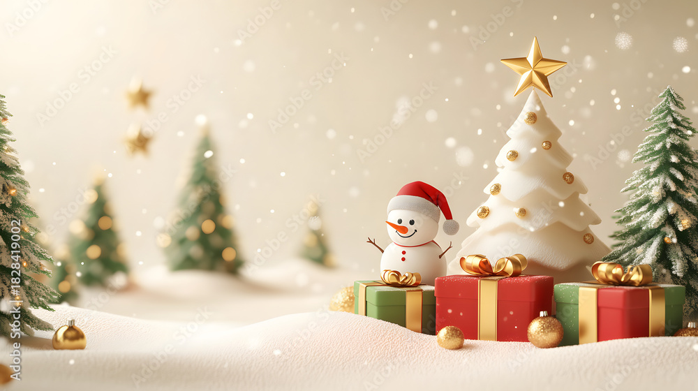 Naklejka premium Christmas trees with gift boxes and snowman on snowy landscape, festive holiday background banner with falling snow, cozy and minimal winter scene.