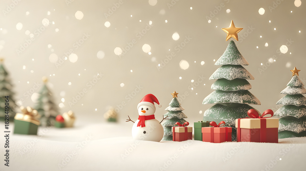 Obraz premium Christmas trees with gift boxes and snowman on snowy landscape, festive holiday background banner with falling snow, cozy and minimal winter scene.
