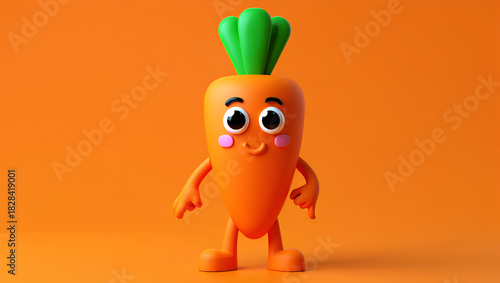 Vibrant 3D rendered cartoon carrot character with a happy face and green top, playfully pointing downwards on a bright orange studio background, symbolizing healthy eating and fun, Generative AI