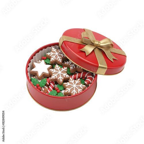 Round red christmas cookie tin filled with festive treats isolated on transparent background