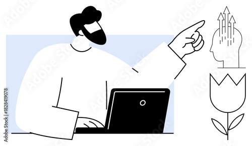 Business growth concept. A man working on a laptop and pointing to a symbolic head with arrows growth. Business growth, modern mindset, and innovation concept. For startups, entrepreneurship