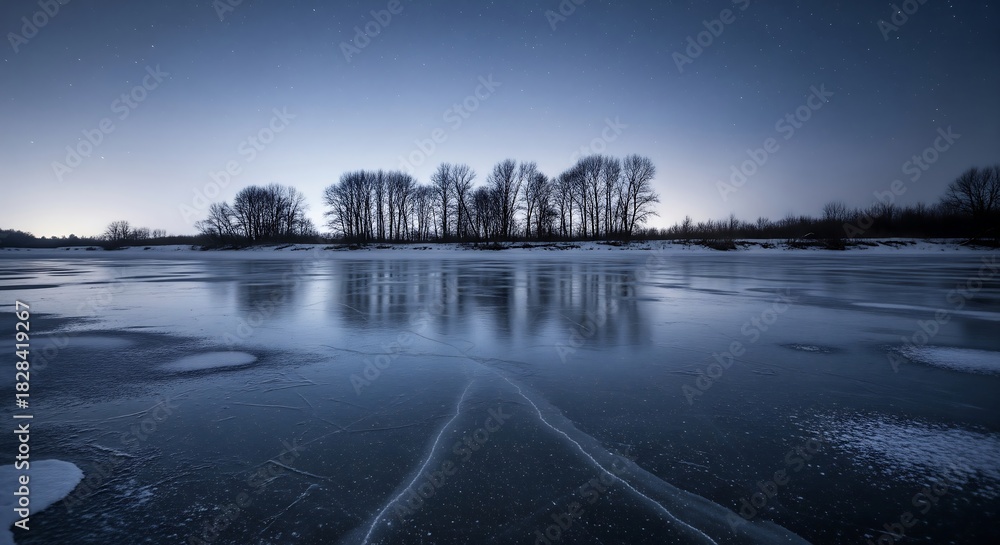 Fototapeta premium Frozen river reflecting a starlit sky creates a serene winter landscape, perfect for travel inspiration or a peaceful nature scene backdrop