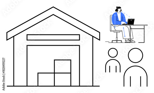 Warehouse logistics. Warehouse storage facility with packages and an employee managing operations on a computer. Warehouse logistics involves inventory, supply chain, and teamwork. Perfect