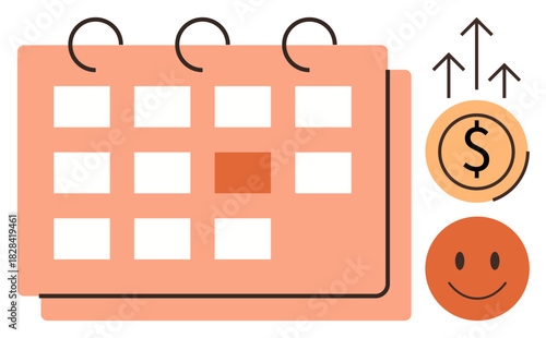 Calendar with highlighted date, upward arrows for growth, dollar coin, and smiling face. Ideal for time management, financial planning, savings, success investment strategy positivity. Flat simple