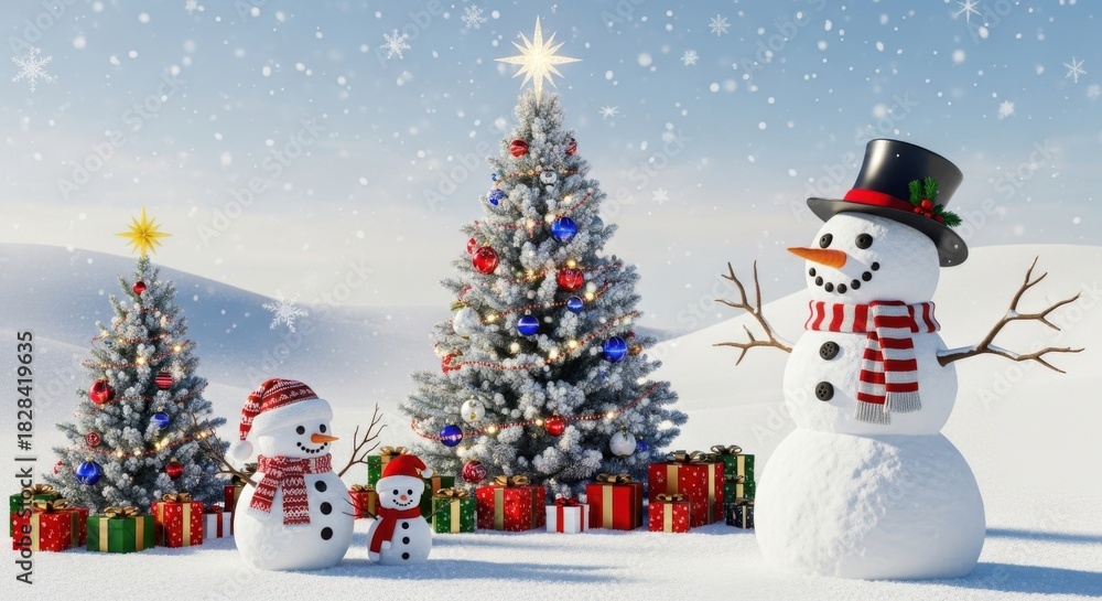 Obraz premium Snowy Christmas Scene with Snowmen and Trees