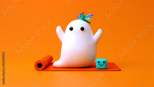 Whimsical Yoga Ghostly Figure Meditates with Dragonfly Companion, Generative AI
