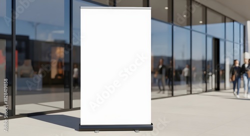 Blank white roll up banner mockup standing outside modern glass building entrance with blurred people in background for advertising or presentation