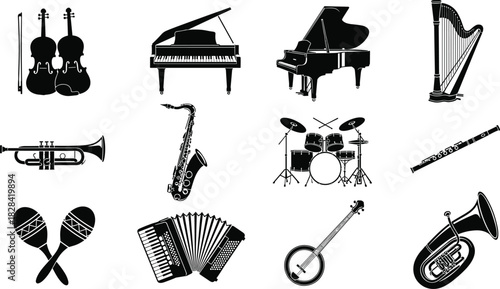 A diverse collection of black silhouette musical instruments, including piano, 
