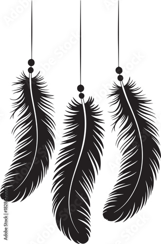 Hanging Feathers Illustration in Monochrome With Threads for Decorative Elements And Backgrounds 130 Characters
