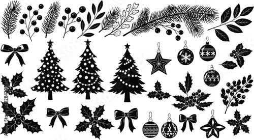 A large collection of black Christmas silhouette elements, featuring pine trees, holly, berries, bows, and ornaments, for holiday, winter, and festive vector design.