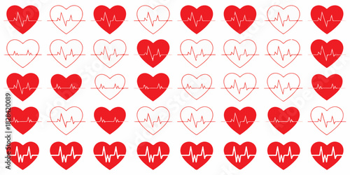 Pattern Heartbeat Line With Full Red And Hollow Heart Symbols Arranged In Rows Vector Image Perfect For Medical And Healthcare Themes