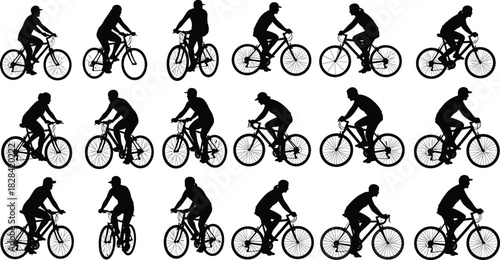 A large collection of cyclists black silhouettes riding bicycles, depicting road, mountain, and leisure biking, for sports, fitness, and outdoor activity vector set.
