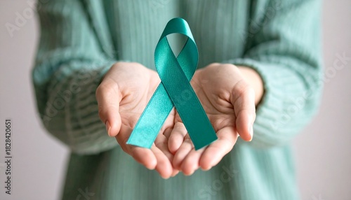 Woman Holding Teal Awareness Ribbon Support Mental Health