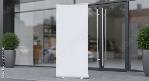Blank white roll up banner stand mockup placed outdoors in front of modern glass office building entrance with potted plant decoration