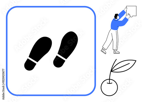 Footprint symbol. Icon of footprints alongside modern design human character placing an item and a cherry with stem and leaf. For navigation concepts, ecology , sustainability, user interaction