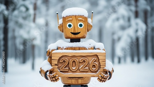 Wooden Robot Holding 2026 Plaque in Winter Forest