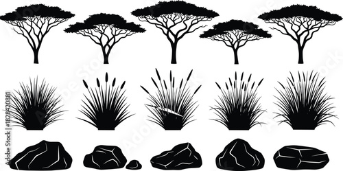 African Acacia Trees, Wild Grass, Reeds, and Savannah Rocks, Isolated Nature Landscape Elements for Safari Design.