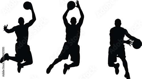Athletes Jumping, Dunking, and Dribbling for Sports Action and Competition Graphics.