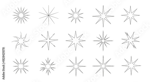 Collection of fifteen abstract starburst graphics with varying points and shapes.