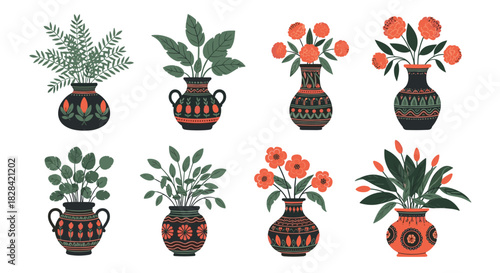 Collection of decorative potted plants and flowers in patterned vases.