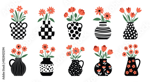 Collection of stylized vases with coral-colored flowers in various decorative patterns.
