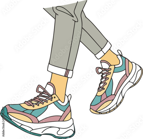 A person wearing colorful sneakers and gray pants is walking isolated on the shoes are trendy and stylish, perfect for casual wear