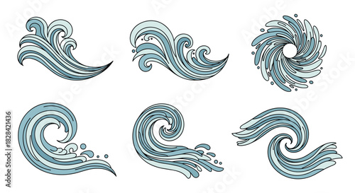 Collection of stylized blue wave illustrations on a white background, suitable for aquatic themes.
