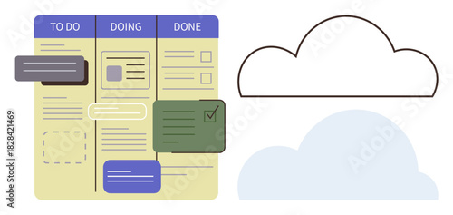 Task board with columns labeled To Do, Doing, and Done. Emphasizes organization, productivity, and cloud-based collaboration. Ideal for teamwork, planning, workflow project management and goal