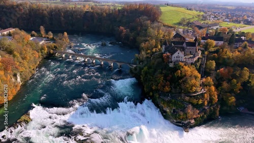 Aerial view of Rhine Falls and Laufen Castle. Autumn panorama landscape. Neuhausen am Rheinfall, Schaffhausen, Switzerland.
