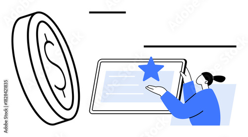 Woman engaging with a tablet displaying a star, large coin illustrating monetary value. Ideal for financial rewards, user recognition, digitalization, fintech, achievement, motivation, simple flat