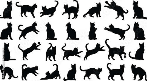 Black Kitten Icons in Various Poses like Sitting, Playing, and Stalking.