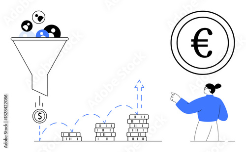 Leads entering funnel converting into financial gain, stacked coins representing revenue increase, person pointing to Euro sign. Ideal for marketing, sales strategy, conversion rate, business growth