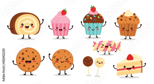 Cute and happy cartoon dessert characters including cookies, cupcakes, cake, and candy waving happily.