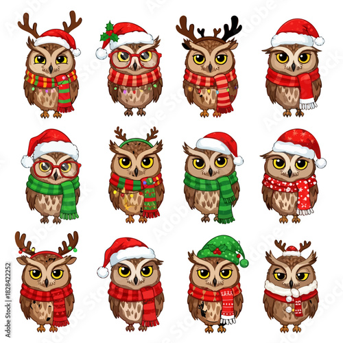 A festive collection of twelve adorable cartoon owls dressed in Christmas attire such as Santa hats, scarves, and reindeer antlers. Cute vector characters for holiday designs
