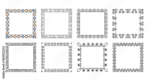 Collection of eight decorative square borders with various intricate designs and patterns.