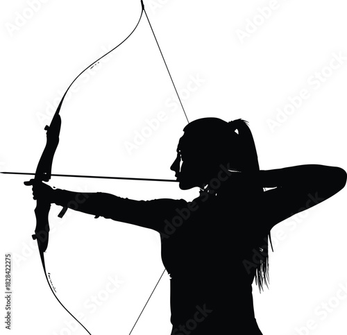 Black Silhouette of a Female Archer Drawing a Recurve Bow and Arrow, Focused on Target, Sport and Competition Vector Graphic.