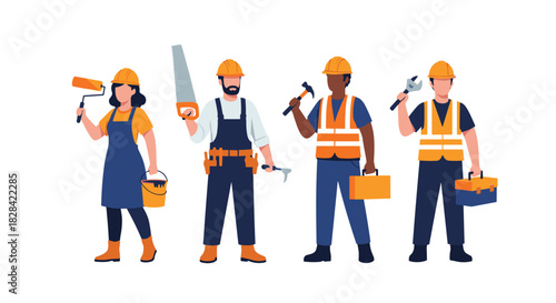 Group of diverse construction workers in hard hats and safety vests holding tools on white background.