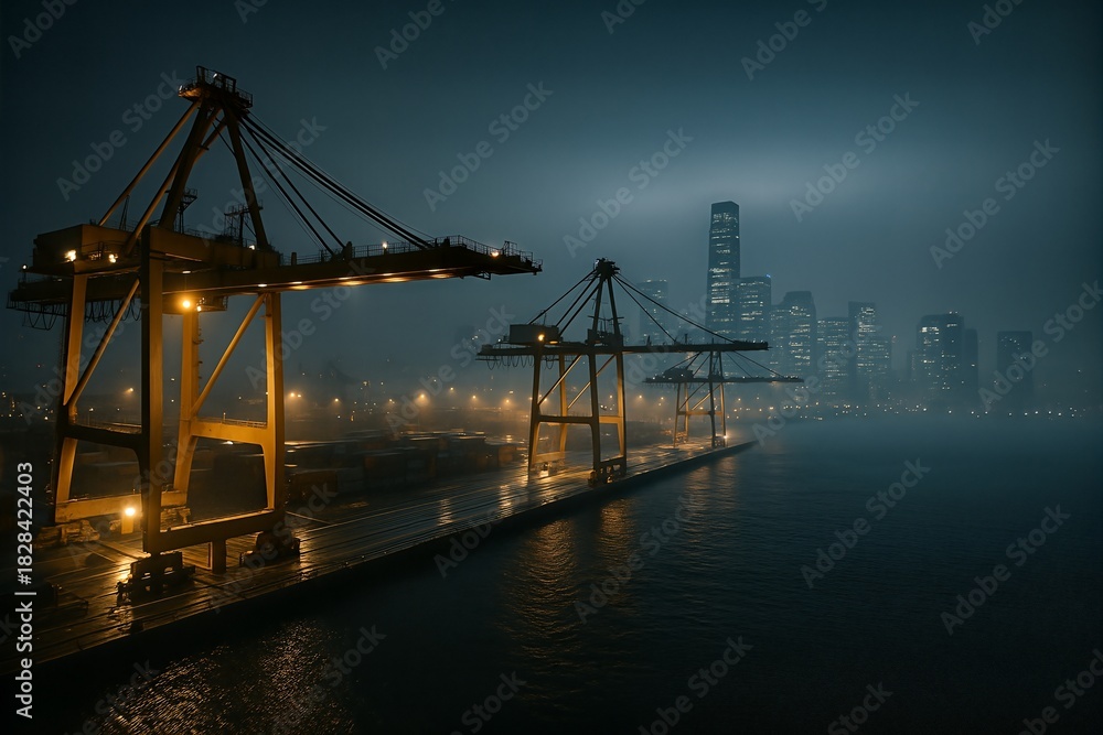 Fototapeta premium Rainy night cranes above foggy quay