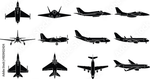 Black Silhouette of Aircraft Vector Set Showing Fighter Jets, Propeller Planes, and Passenger Airplanes from Top, Front, and Side View.