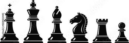 Black Silhouette of All Chess Pieces Vector Set Including King, Queen, Bishop, Knight, Rook, and Pawn for Strategy Game and Success Design.