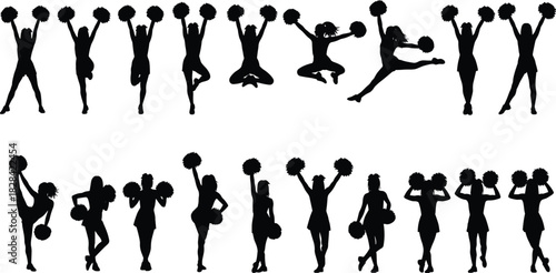 Black Silhouette of Cheerleaders Vector Set Performing Jumps and Poses with Pom-Poms for Sport, Performance, Team, Dance, and Entertainment Design.