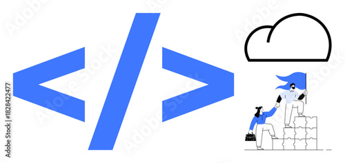HTML code symbol, cloud graphic, and two individuals cooperating on stacked blocks. Ideal for coding, teamwork, cloud technology, innovation, support, digital transformation simple flat metaphor