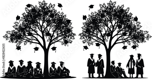 Black Silhouette of Graduating Students Under Knowledge Tree with Tossing Caps Vector for Education, Success, Learning, and Academic Achievement Design Concept.
