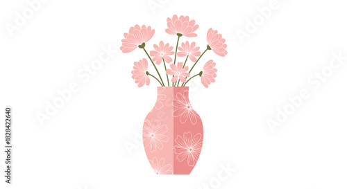A delicate pink vase filled with light pink daisies on a white background.