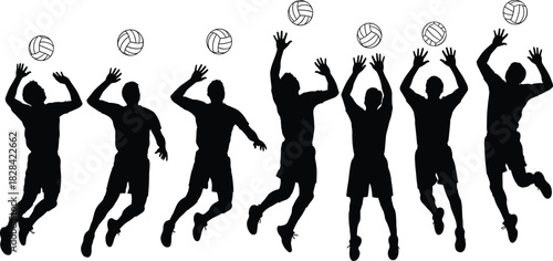 Black Silhouette of Male Volleyball Players Spiking and Blocking Vector Set for Sport, Action, 