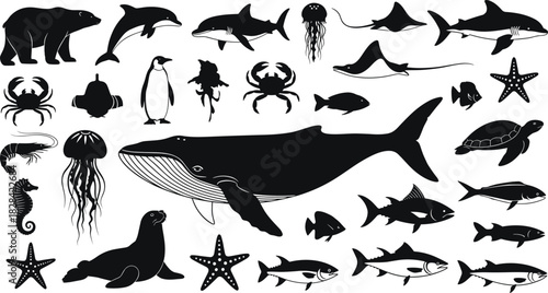 Black Silhouette of Marine Animals and Wildlife Vector Set Including Whale, Dolphin, Bear, Penguin, Shark, Fish, and Ocean Creatures for Nature Design.
